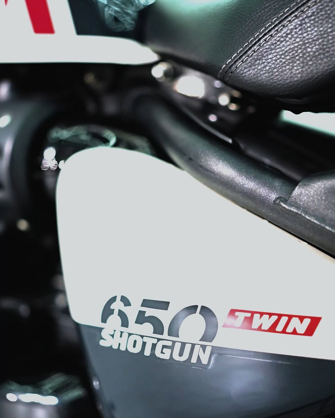 White side panel of a Royal Enfield Shotgun 650 with its 650 Twin badge.